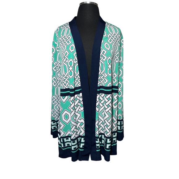 Susan Graver Liquid Knit Geometric Open Cardigan Sz 1X Teal Green Black Stretch - Picture 1 of 8